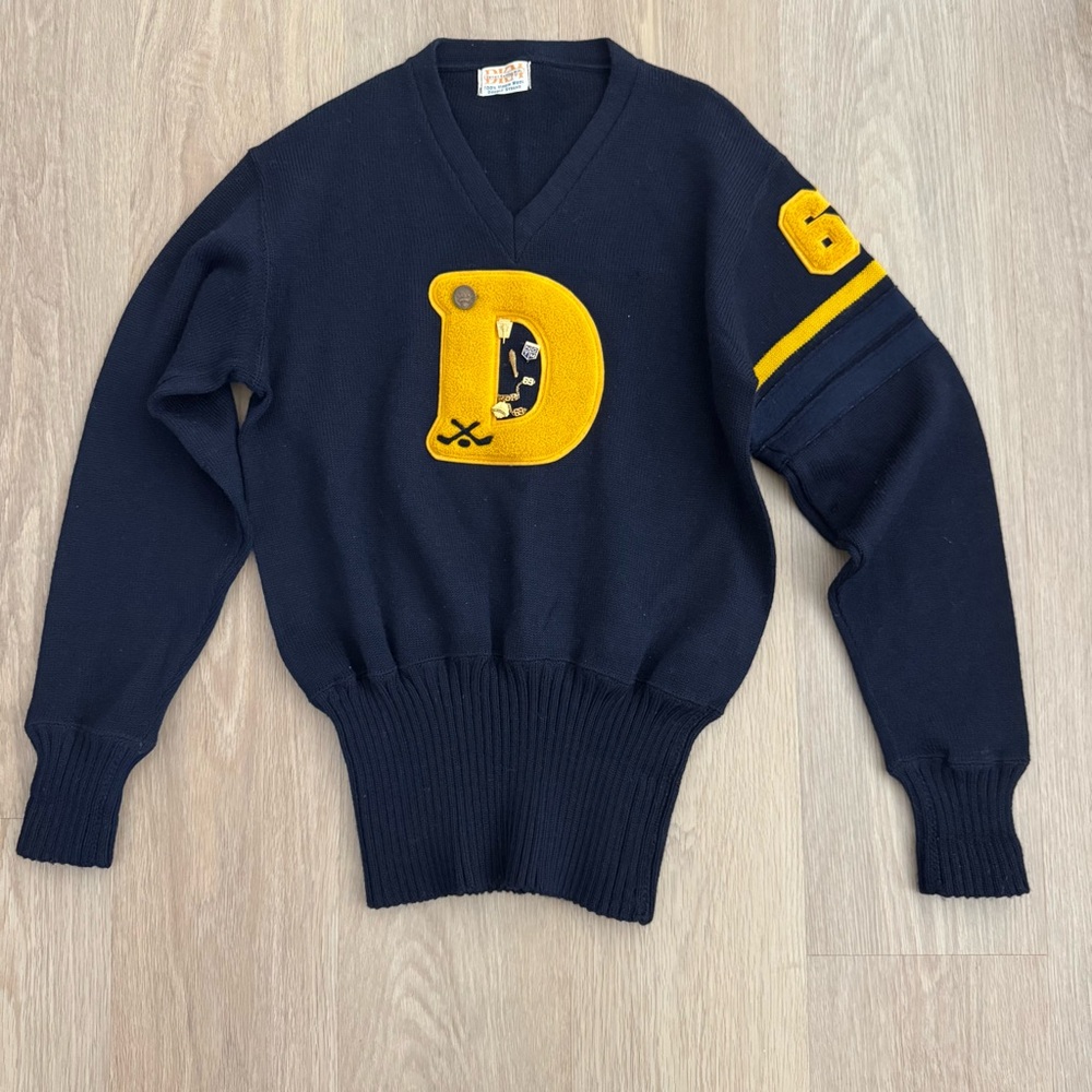 Vintage Blue and Yellow V-Neck Sweater with Collegiate Style
